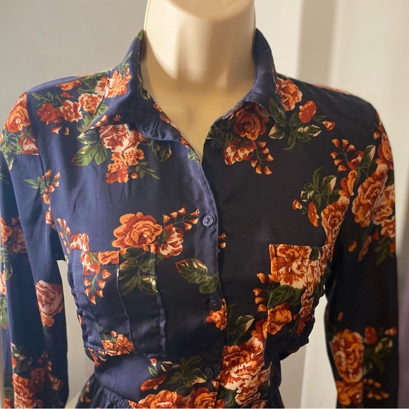 H&M Divided Navy Blue Orange Floral Shirtdress 2 - Picture 4 of 6